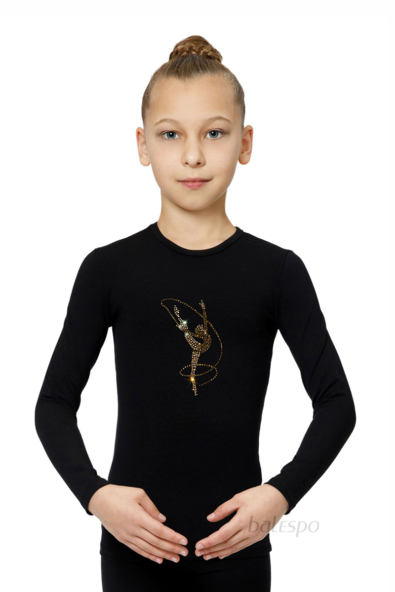 Long sleeve top BALESPO ВС 220.1-100 with gold crystals "Gymnast with ribbon" size 44 (164)