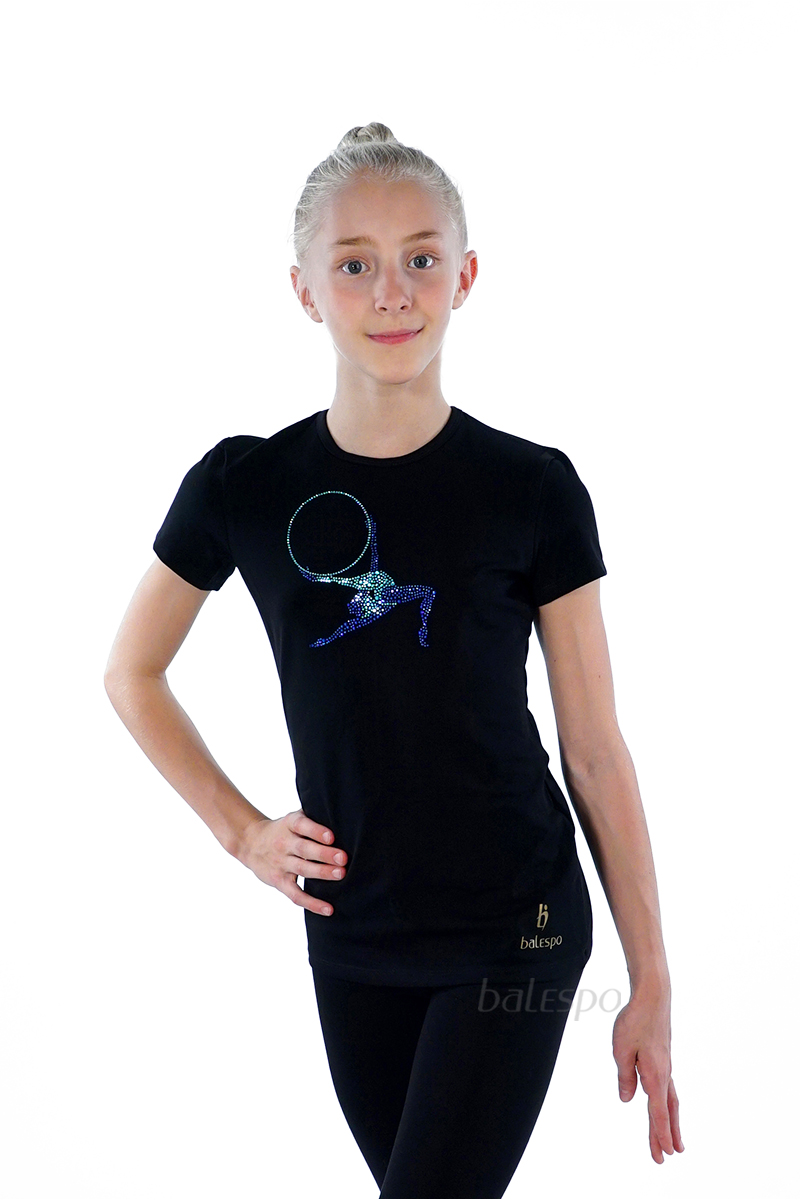 Gymnastics tight-fitting t-shirt BALESPO BC210.3-100 with blue crystals "Gymnast with hoop" size 40 (152)