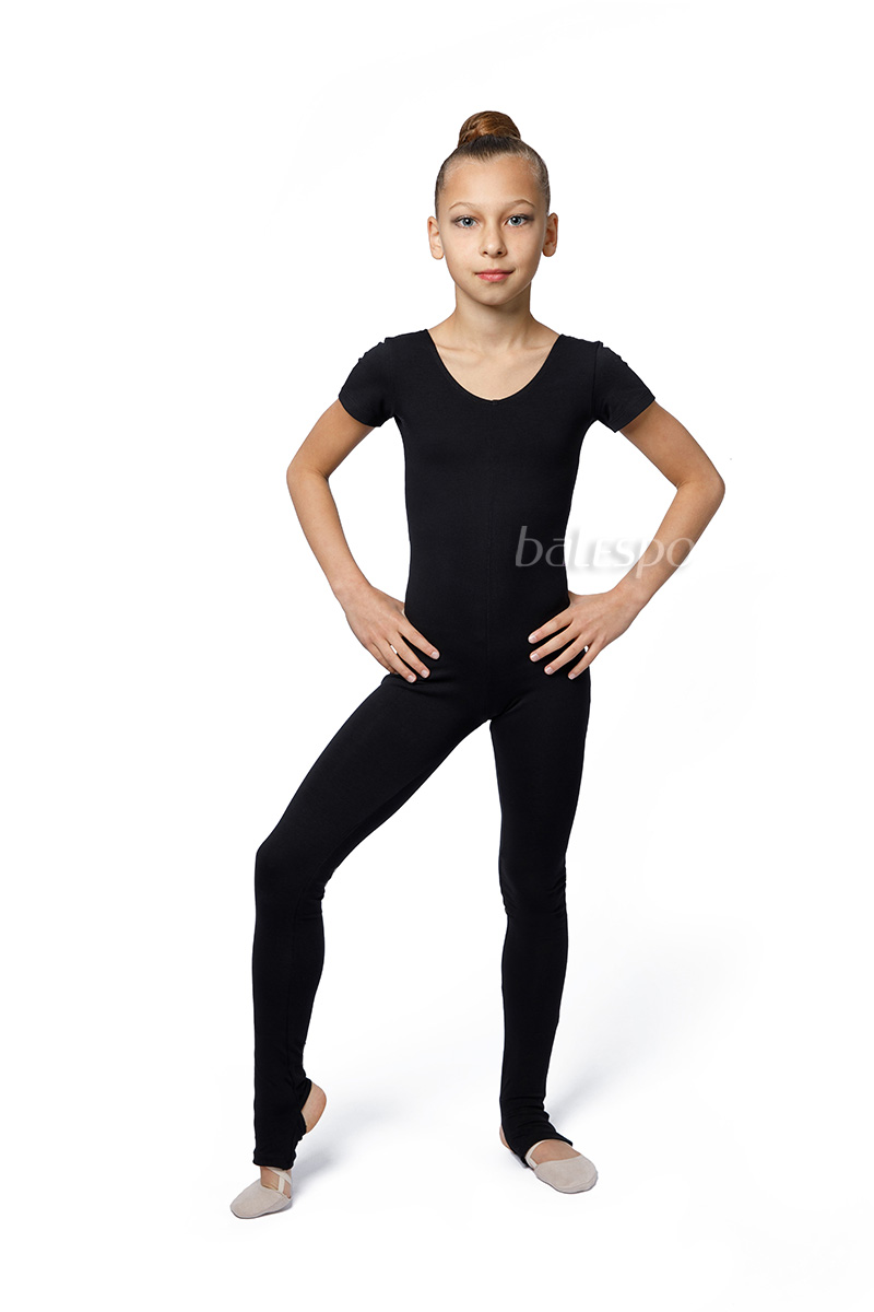Short-sleeve gymnastic unitard with stirrup leggings BALESPO ВС 450-100 black size 44 (164)
