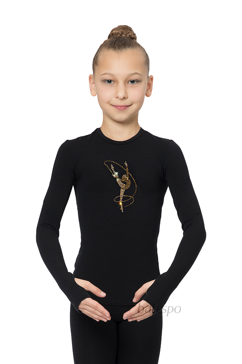 Thumb hole cuffs long sleeve top BALESPO ВС 230.1-100 with gold crystals "Gymnast with ribbon" size 44 (164)