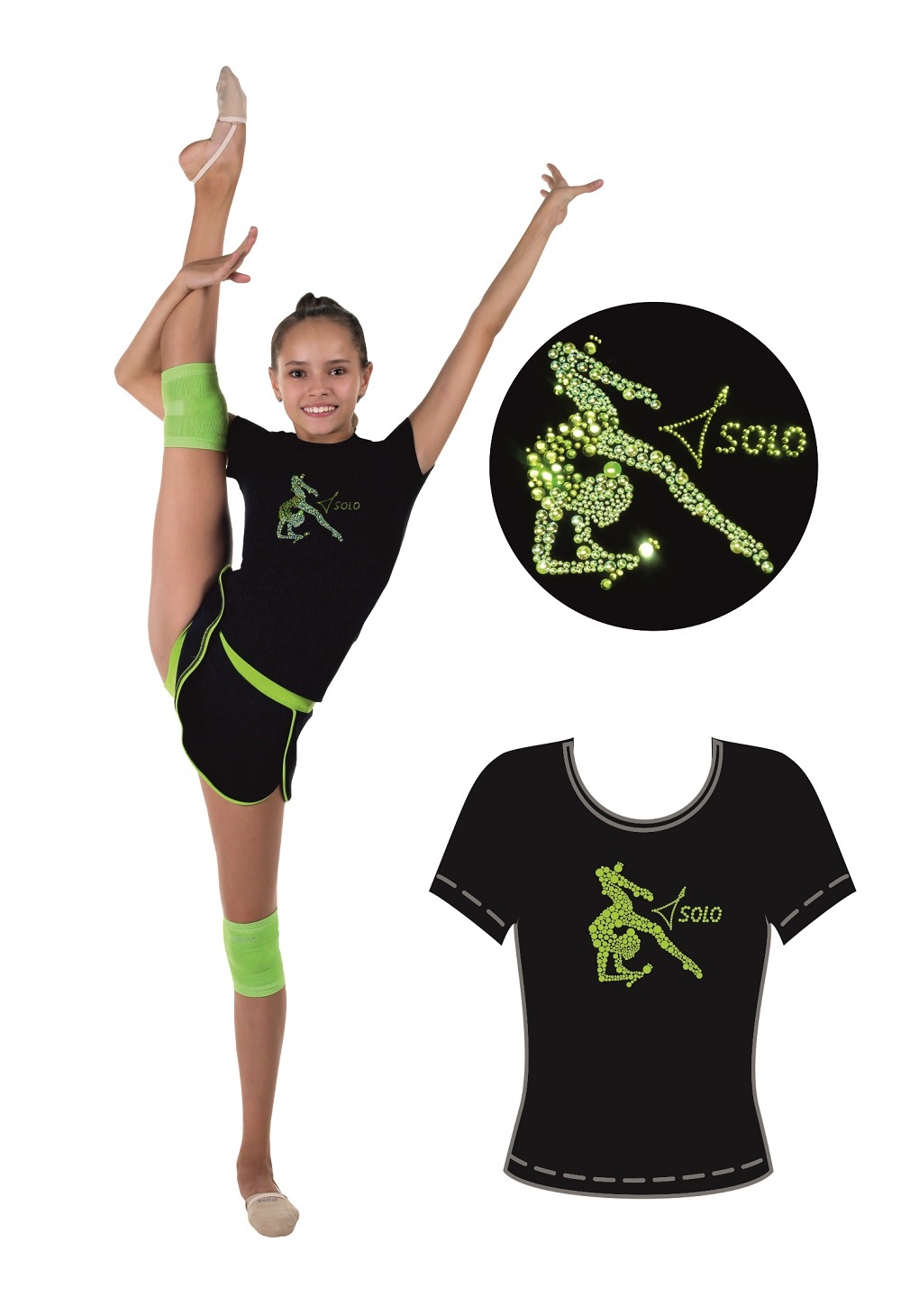 Rhythmic gymnastics t-shirt with crystals SOLO RG 650.19 crystal print "Gymnast with clubs".