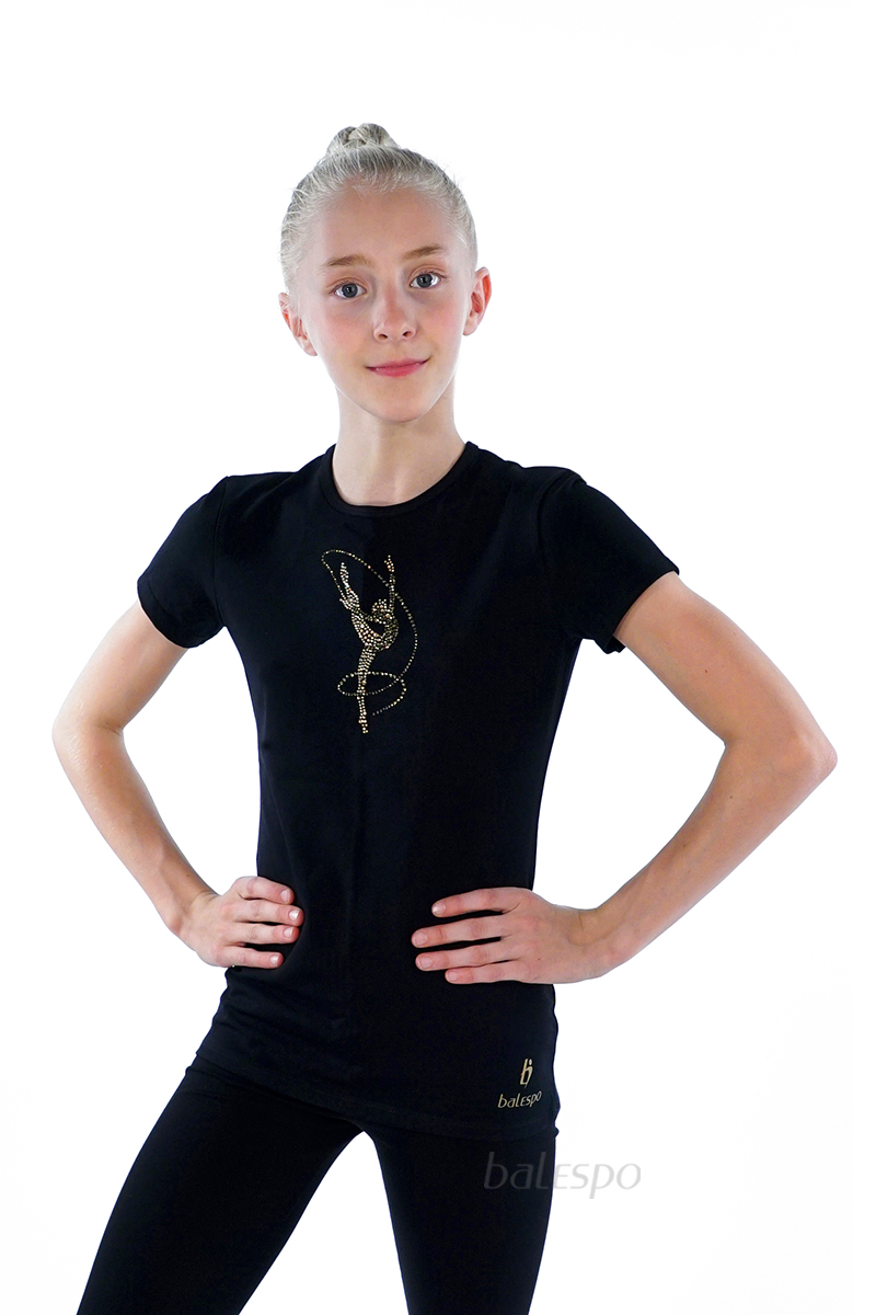 Gymnastics tight-fitting t-shirt BALESPO BC210.1-100 black with gold crystals "Gymnast with ribbon" size 44 (164)