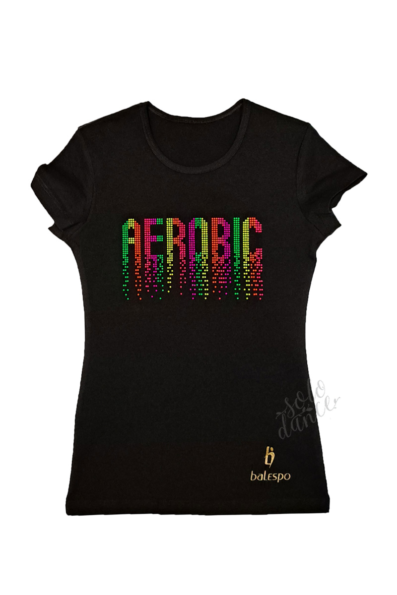 Tight-fitting t-shirt BALESPO BC210.6-100 with colored crystals "AEROBIC" black size 44 (164)